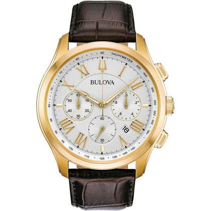 Bulova Reloj para hombre con correa de cuero marrón y cronógrafo clásico de acero inoxidable dorado