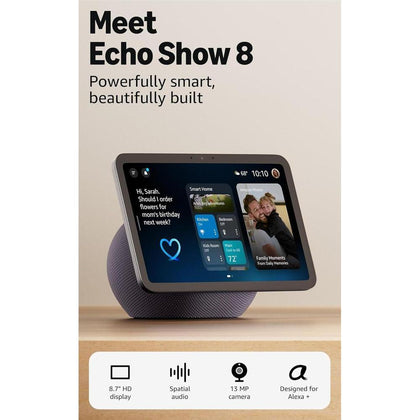 Amazon Echo Show 8 modelo reciente con pantalla HD rediseñada, audio espacial y control de Smart Home, color grafito