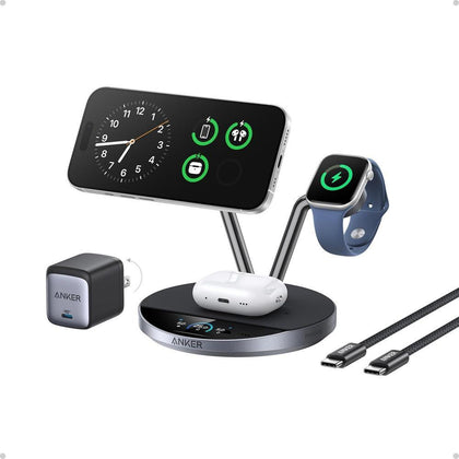 Anker Prime MagSafe: Estación de carga inalámbrica 3 en 1, certificada Qi2 para iPhone y Apple Watch con pantalla inteligente