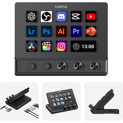 ULANZI D200X Creative Deck - Teclado macro con 14 teclas LCD, 3 perillas de codificador y concentrador 8 en 1 para edición de video