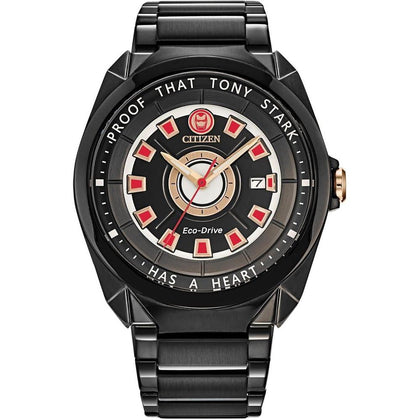 Citizen Eco-Drive Marvel Tony Stark I Love You - Reloj de acero inoxidable negro, con fecha de 3 manecillas, luminoso, parte trasera grabada