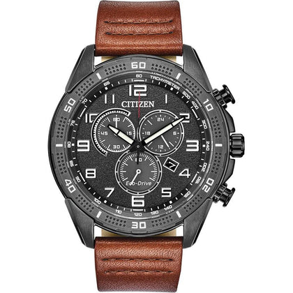 Reloj cronógrafo Citizen Eco-Drive para hombre, acero inoxidable IP negro, correa de cuero marrón, esfera negra