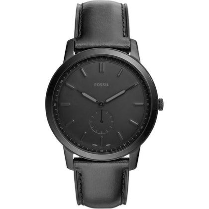Reloj minimalista de cuarzo Fossil para hombre con correa de cuero negro y caja de acero inoxidable, esfera negra y resistente al agua