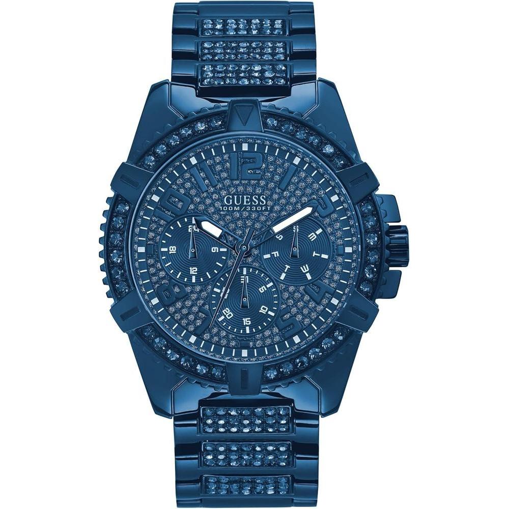 Reloj GUESS de acero inoxidable dorado con adornos de cristal, multifunción, resistente al agua, cierre desplegable