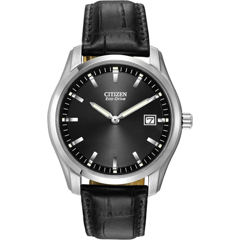 Reloj Citizen Eco-Drive para hombre, correa de cuero negro, caja de acero inoxidable, manos y marcadores luminosos, calendario, resistente al agua