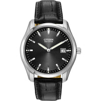 Reloj Citizen Eco-Drive para hombre, correa de cuero negro, caja de acero inoxidable, manos y marcadores luminosos, calendario, resistente al agua
