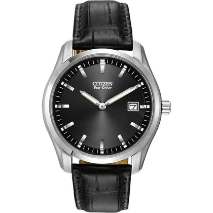 Reloj Citizen Eco-Drive para hombre, correa de cuero negro, caja de acero inoxidable, manos y marcadores luminosos, calendario, resistente al agua