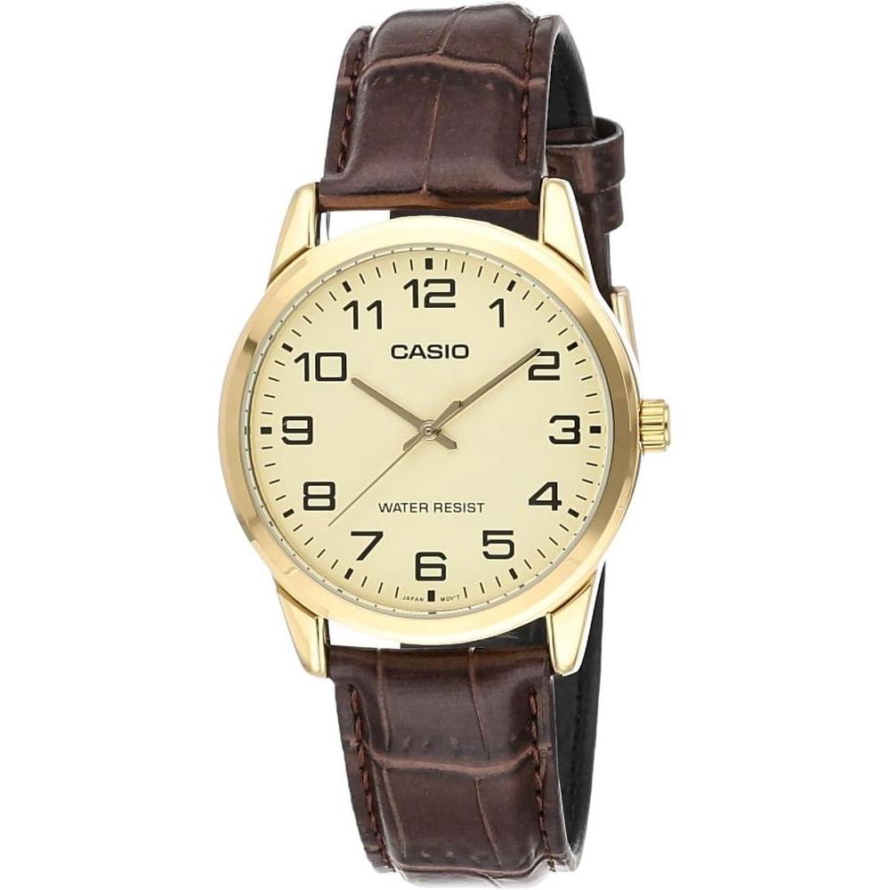 Casio Reloj de cuarzo de acero inoxidable para hombre, correa de cuero marrón, modelo EAW-MTP-V001GL-9B