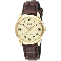 Casio Reloj de cuarzo de acero inoxidable para hombre, correa de cuero marrón, modelo EAW-MTP-V001GL-9B