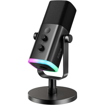 Micrófono dinámico FIFINE XLR y USB para podcasts y streaming con luces RGB, silencio y soporte de escritorio