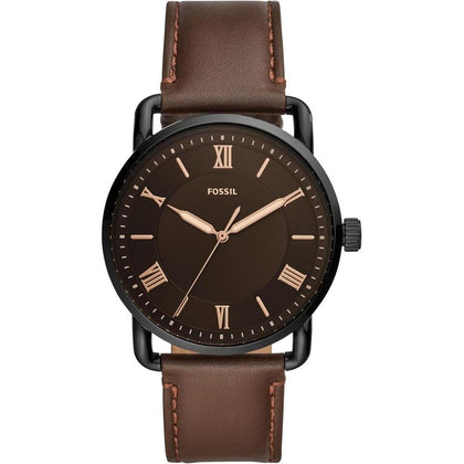 Reloj Fossil Copeland para hombre, acero inoxidable y cuero, movimiento de cuarzo con esfera negra e índices romanos, resistente al agua