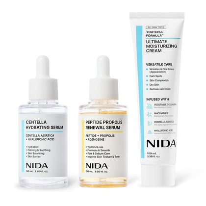 NIDA Youthful Glass Skin Combo con crema hidratante y sueros para lograr una piel juvenil y radiante
