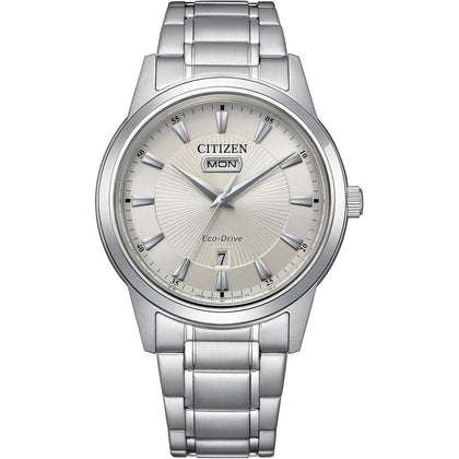 Reloj clásico de vestir Eco-Drive para hombre con pulsera de acero inoxidable y esfera marfil de Citizen, función día/fecha