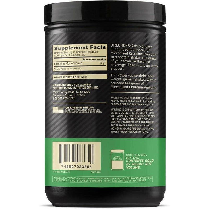 Optimum Nutrition Creatina Micronizada Monohidratada en Polvo, Sin Sabor, para Crecimiento y Energía Muscular, 120 Porciones