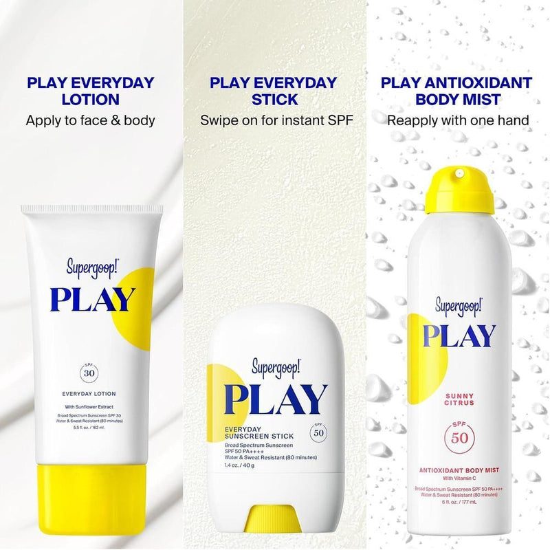 Supergoop! PLAY Everyday Lotion SPF 50 para cuerpo y rostro, ideal para días activos, rápida absorción, resistente al agua