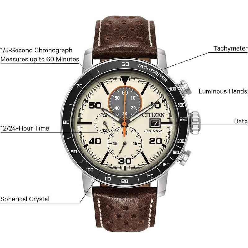 Reloj Citizen Eco-Drive Weekender Brycen cronógrafo con caja de acero inoxidable y correa de cuero marrón