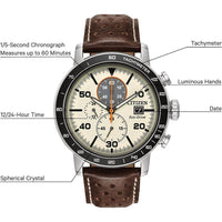 Reloj Citizen Eco-Drive Weekender Brycen cronógrafo con caja de acero inoxidable y correa de cuero marrón
