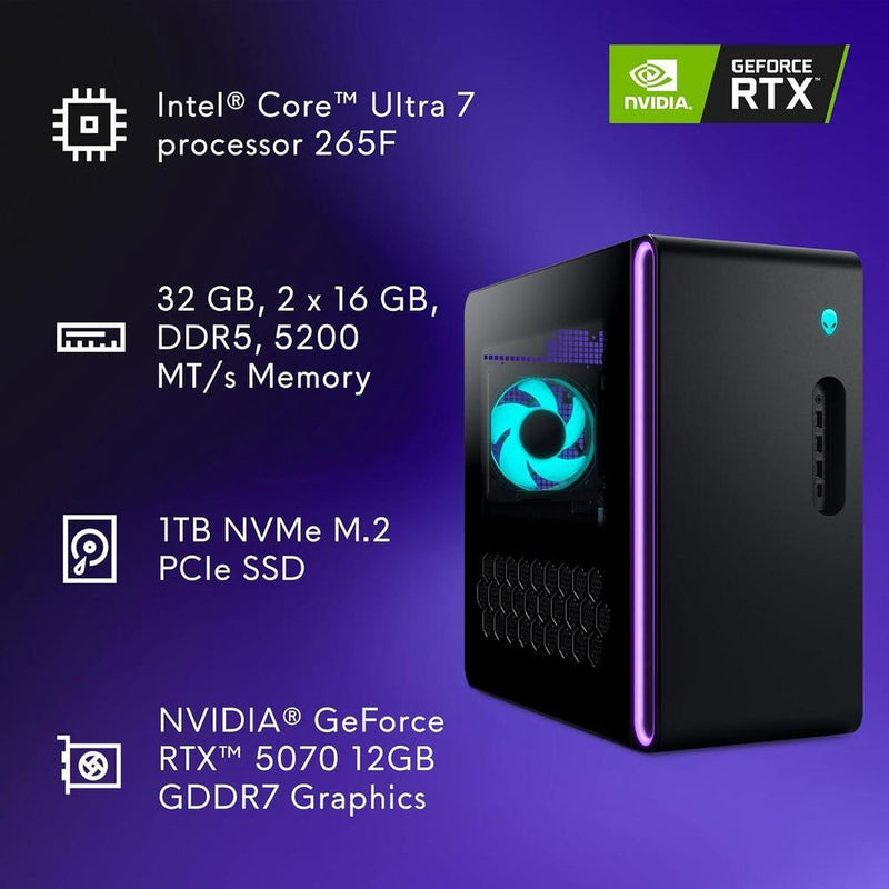 Alienware Aurora ACT1250, Intel Core Ultra 7, 32GB RAM, 1TB SSD, NVIDIA RTX 5070, Windows 11 Home, PSU Platinum, Panel Claro