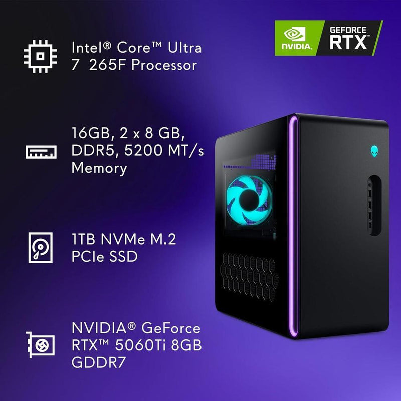 Alienware Aurora Gaming Desktop con Intel Core Ultra 7, NVIDIA GeForce RTX 5060Ti, 16GB RAM, 1TB SSD, PSU Platino