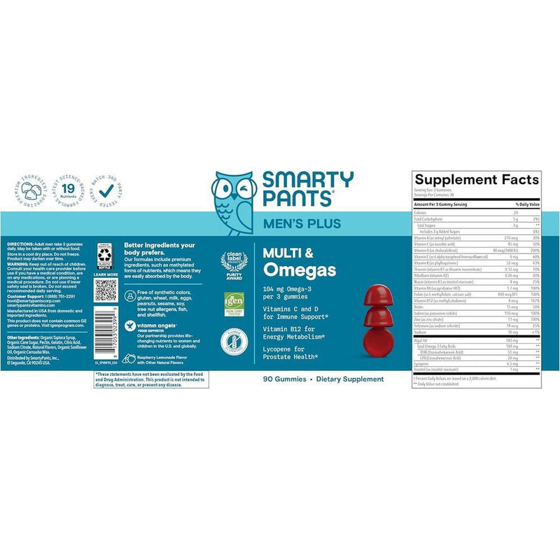 SmartyPants Gomitas multivitamínicas para hombres con Omega 3, metilfolato, vitaminas D3, C, B12, B6, A, K, zinc y selenio, sin gluten