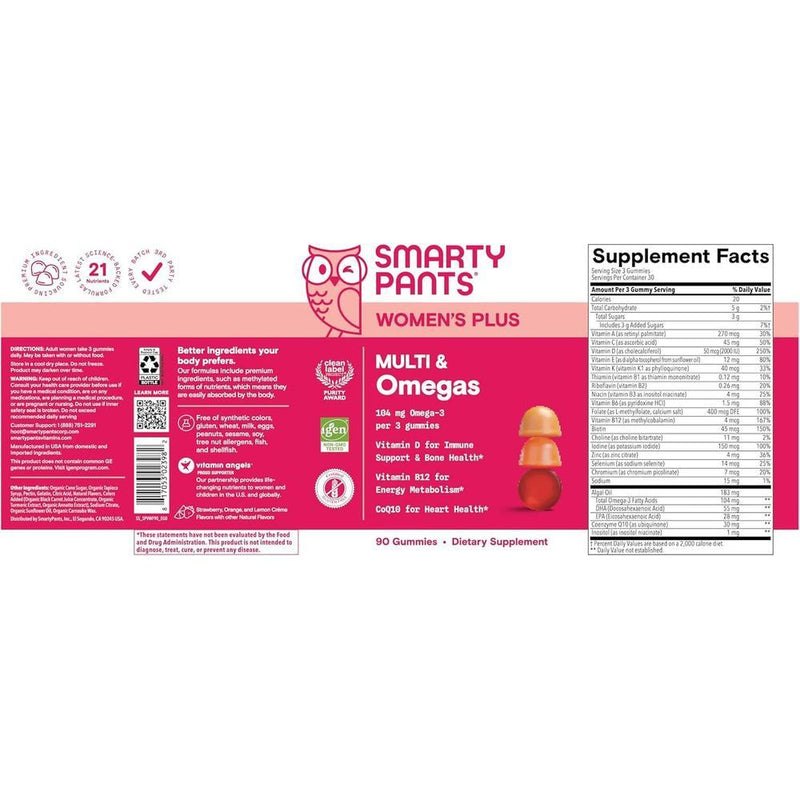 SmartyPants Gomitas Multivitamínicas para Mujer con Omega 3, Metilfolato, CoQ10, Vitaminas D3, C, B12, B6, A, K y Zinc, 90 Unidades