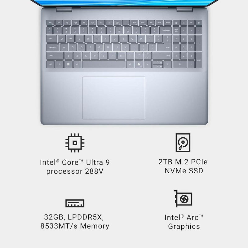 Dell Laptop 16 Plus DB16250, Pantalla 16:10 2.5K, Intel Core Ultra 9, 32GB RAM, 2TB SSD, Gráficos Intel Arc, Teclado Retroiluminado Azul