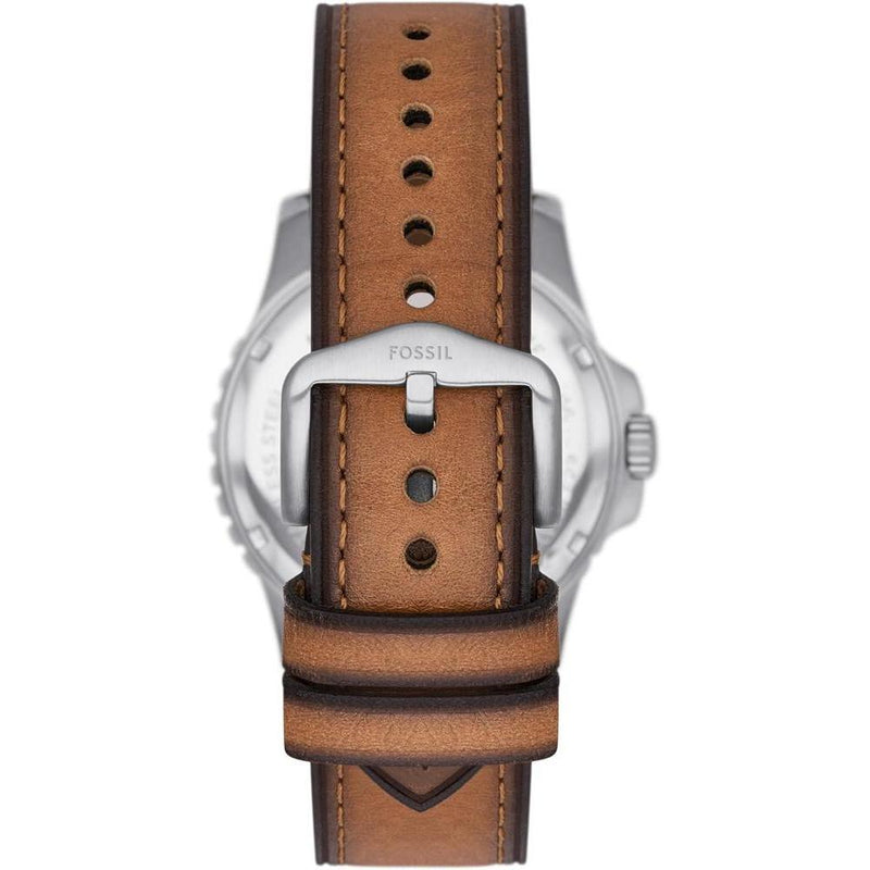 Reloj de pulsera Fossil para hombre, diseño acero inoxidable con correa de cuero marrón y resistencia al agua