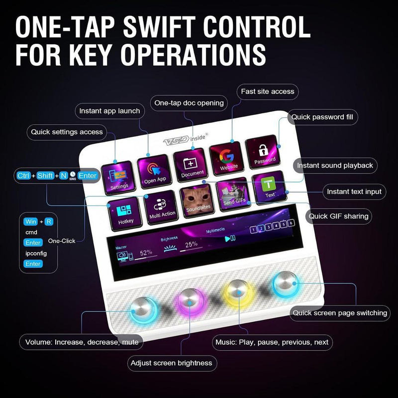 Controlador de streaming VSDINSIDE con teclas programables, macros, efectos sonoros y soporte ergonómico, compatible con Mac y PC