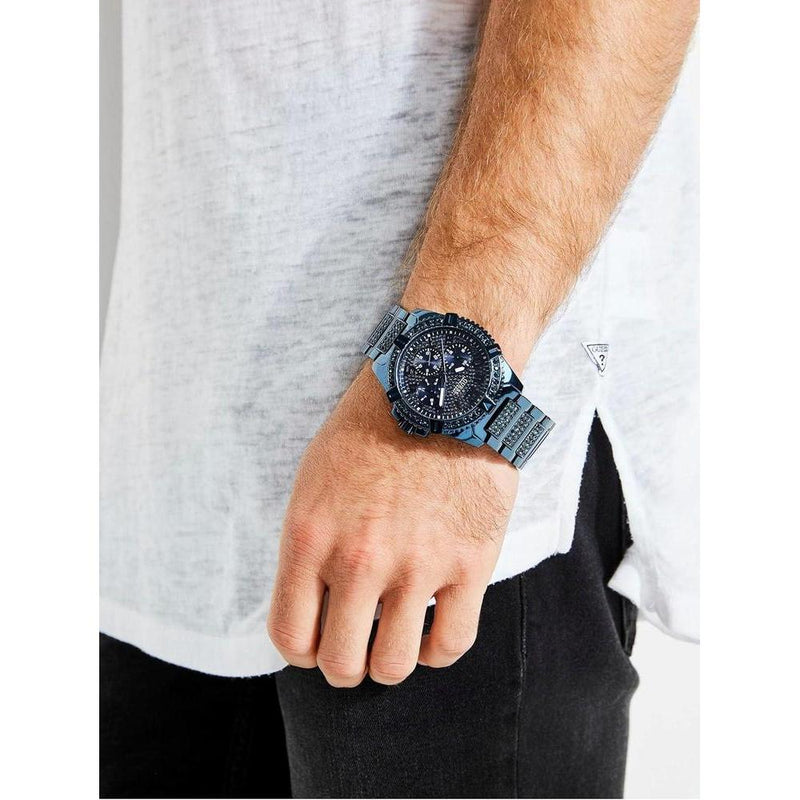Reloj GUESS de acero inoxidable dorado con adornos de cristal, multifunción, resistente al agua, cierre desplegable