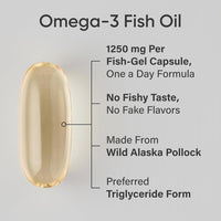 Omega-3 Aceite de Pescado 1250 SR - Suplemento de triple fuerza de pollock de Alaska sostenible, sin OGM ni soja, 180 cápsulas blandas