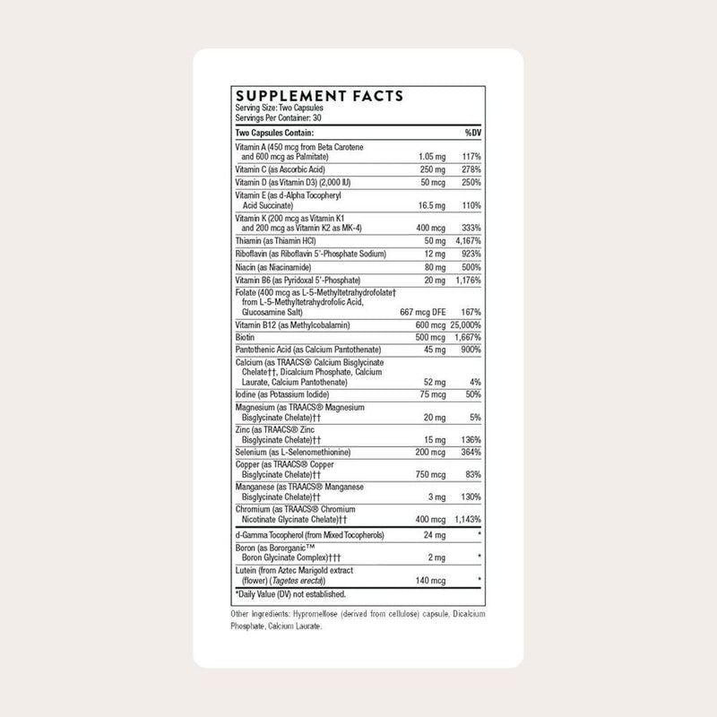 THORNE Nutrientes Básicos Multivitamínico diario sin gluten, lácteos y soja, 60 cápsulas, biodisponibilidad óptima