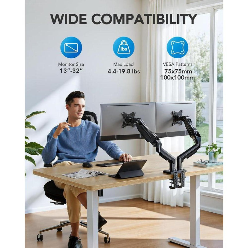 HUANUO FlowLift™ Soporte monitor doble ajustable VESA con abrazadera y base de ojales, cada brazo soporta hasta 9 kg