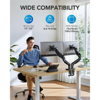 HUANUO FlowLift™ Soporte monitor doble ajustable VESA con abrazadera y base de ojales, cada brazo soporta hasta 9 kg
