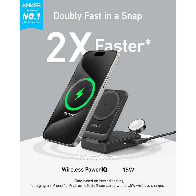 Anker MagGo Estación de carga 3 en 1 para iPhone 17, compatible MagSafe, Qi2 certificado, Apple Watch, AirPods y más