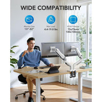 HUANUO Soporte ajustable para monitor dual con brazo giratorio y montaje VESA. Compatible con pantallas de computadora, blanco