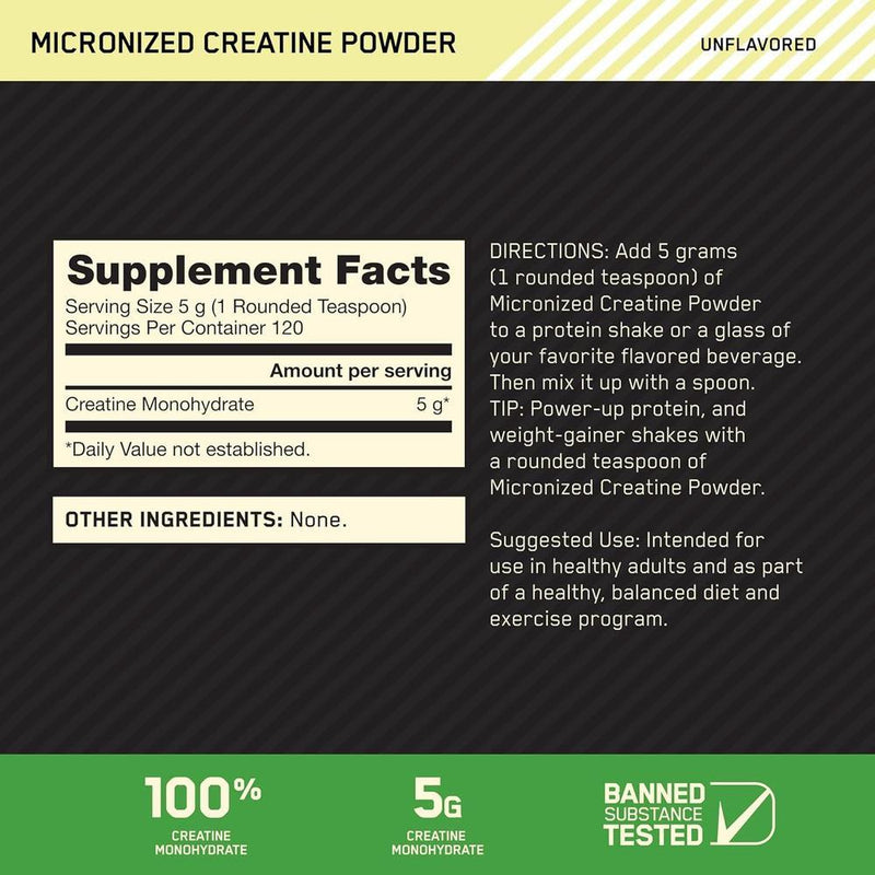 Optimum Nutrition Creatina Micronizada Monohidratada en Polvo, Sin Sabor, para Crecimiento y Energía Muscular, 120 Porciones