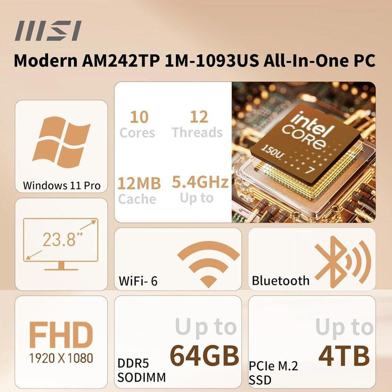 MSI Modern Business All-in-One Desktop con Intel Core 7, pantalla táctil, 32GB RAM, 1TB SSD, HDMI, Windows 11 Pro, y periféricos inalámbricos