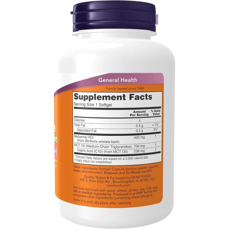 Suplemento NOW Foods con berberina para soporte de glucosa, combinado con aceite MCT para mejorar absorción, 90 cápsulas blandas