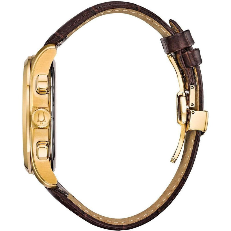 Bulova Reloj para hombre con correa de cuero marrón y cronógrafo clásico de acero inoxidable dorado