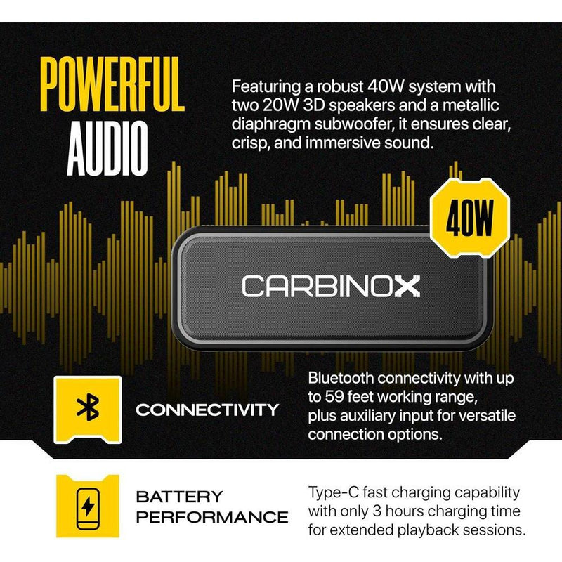 Altavoz Bluetooth portátil CARBINOX con impermeabilidad IPX7, carga rápida usb-C, sonido 3D, color negro