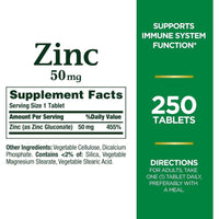Nature's Bounty Zinc 50 mg, apoyo inmunológico y antioxidante, salud de la piel con 250 cápsulas