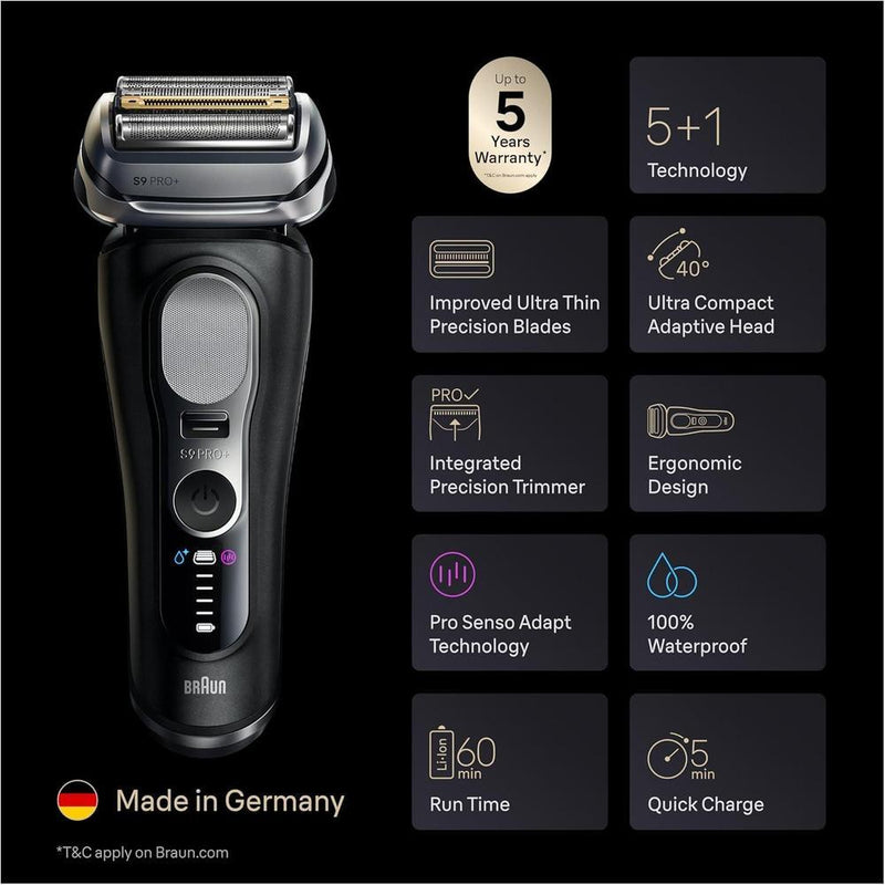 Afeitadora eléctrica Braun Series 9 PRO+ con Pro SensoAdapt, centro SmartCare 6 en 1 para uso húmedo y seco, color negro