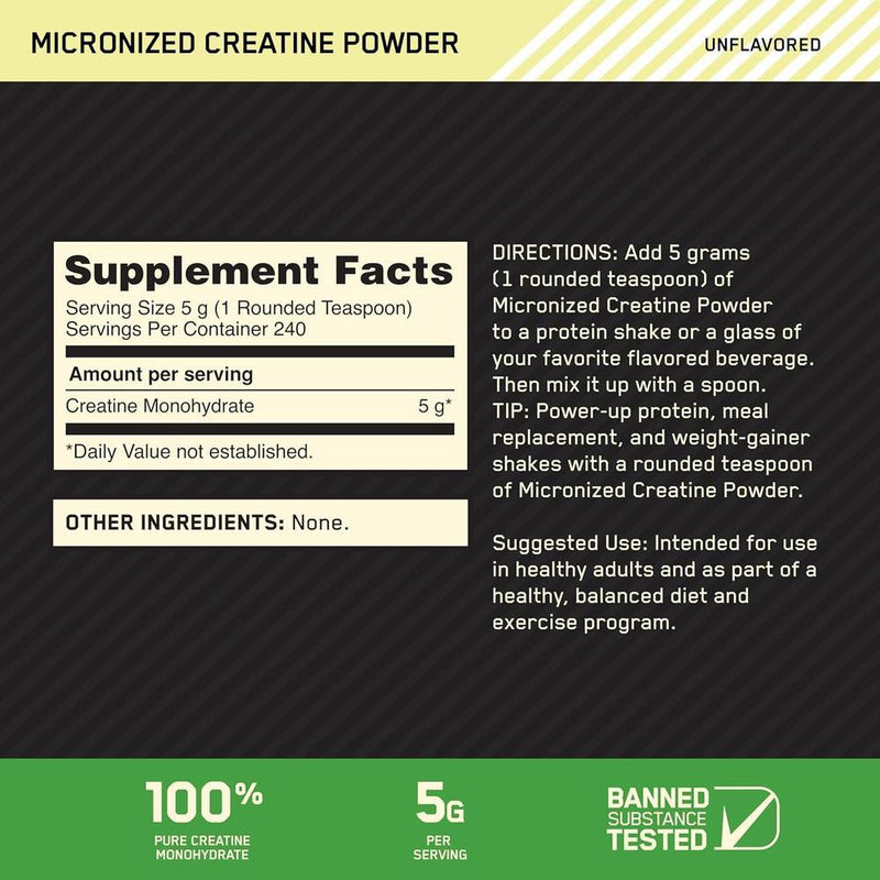 Optimum Nutrition Creatina Micronizada Monohidrato en Polvo sin Sabor, Amigable con Dieta Keto, 240 Porciones