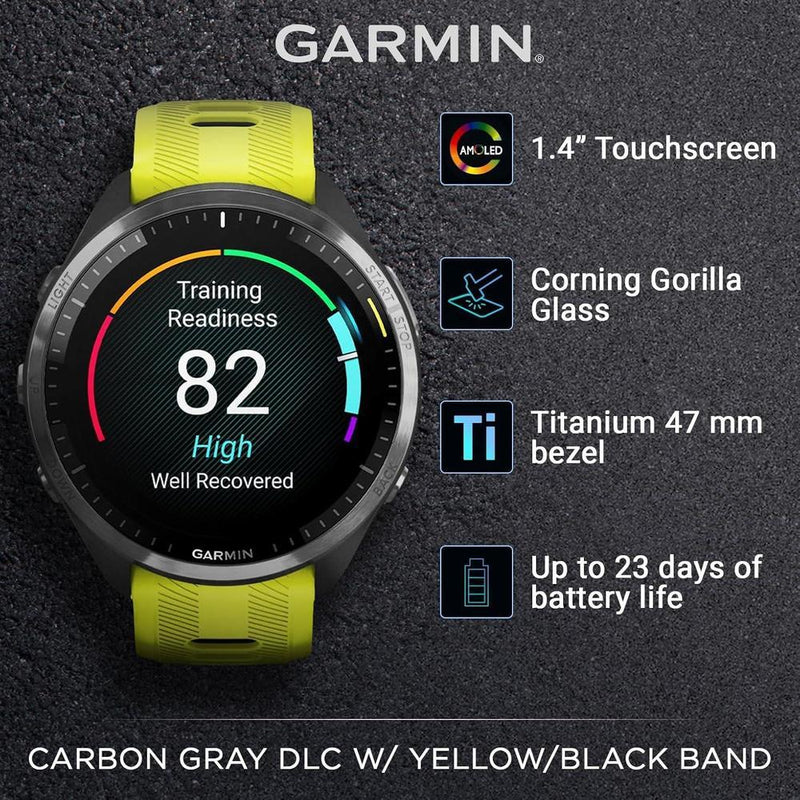 Garmin Forerunner 965 Smartwatch Premium, 1,4 Pulgadas, AMOLED, 32GB, GPS, Gris Carbón Y Amarillo