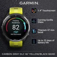 Garmin Forerunner 965 Smartwatch Premium, 1,4 Pulgadas, AMOLED, 32GB, GPS, Gris Carbón Y Amarillo