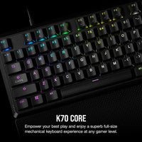 Teclado mecánico CORSAIR K70 CORE RGB para juegos, reposamanos, interruptores lineales rojos, control multimedia.