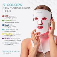 Máscara facial y cuello con terapia de luz LED, 7 colores para rejuvenecimiento y tratamiento antienvejecimiento de arrugas