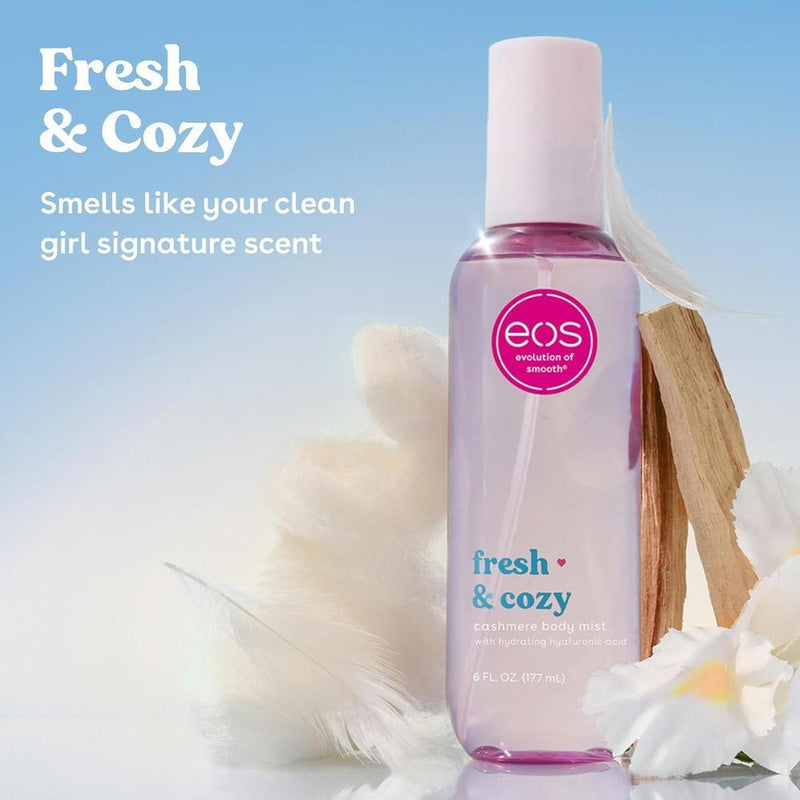 eos Spray corporal de cachemira, fresco y acogedor. Hidratante, vegano, libre de crueldad. Con ácido hialurónico y glicerina