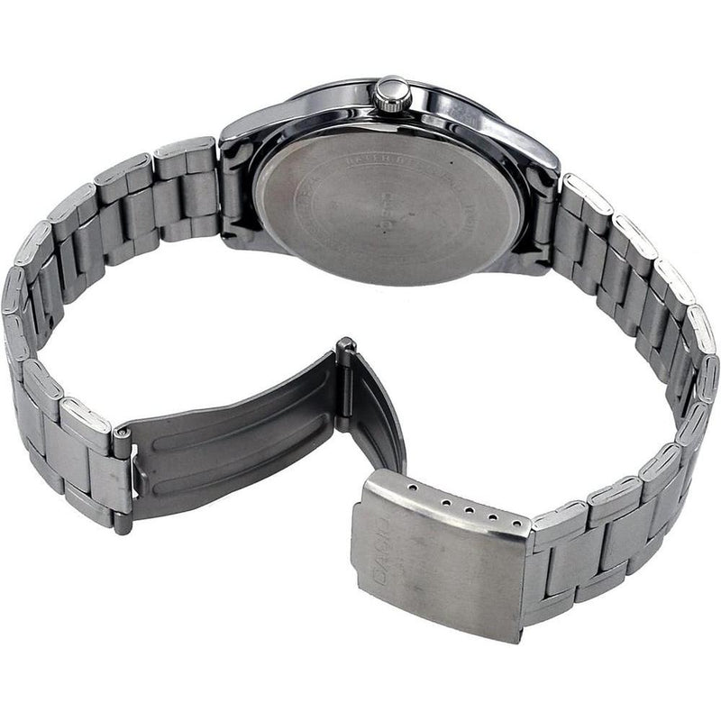 Reloj analógico Casio de acero inoxidable con esfera negra romana, movimiento de cuarzo para hombre