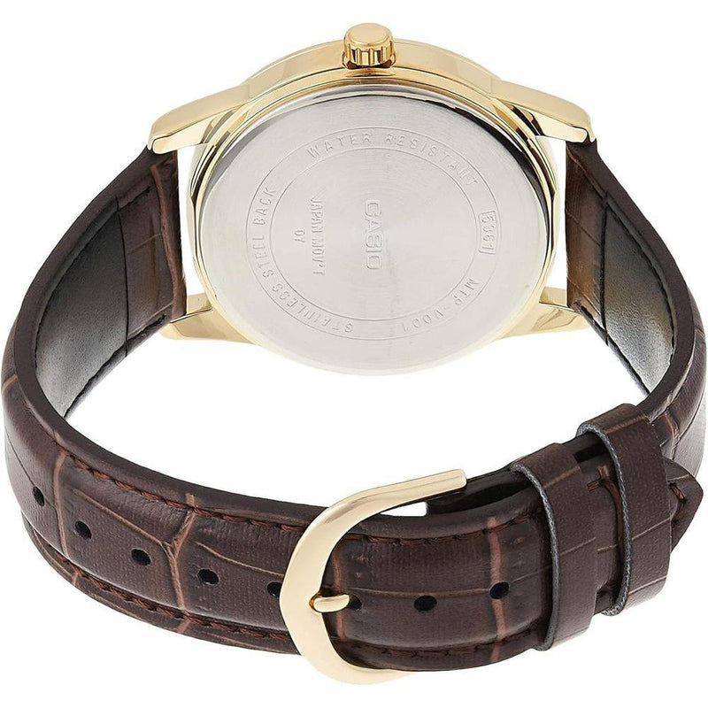 Casio Reloj de cuarzo de acero inoxidable para hombre, correa de cuero marrón, modelo EAW-MTP-V001GL-9B
